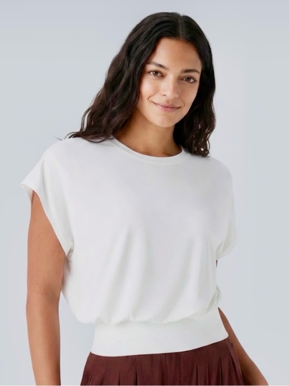 HALARA White Short Sleeve Knit Tee with Ribbed Waist